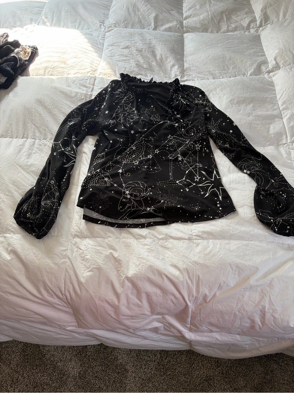 White House Black Market Black Celestial Print Ruffle-Neck Long Sleeve Top - Picture 2 of 7